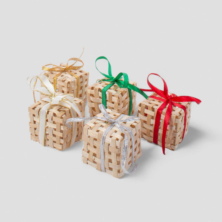 5 Pc | Handmade Bamboo Gift Box Hanging Christmas Ornaments | Assorted Colors