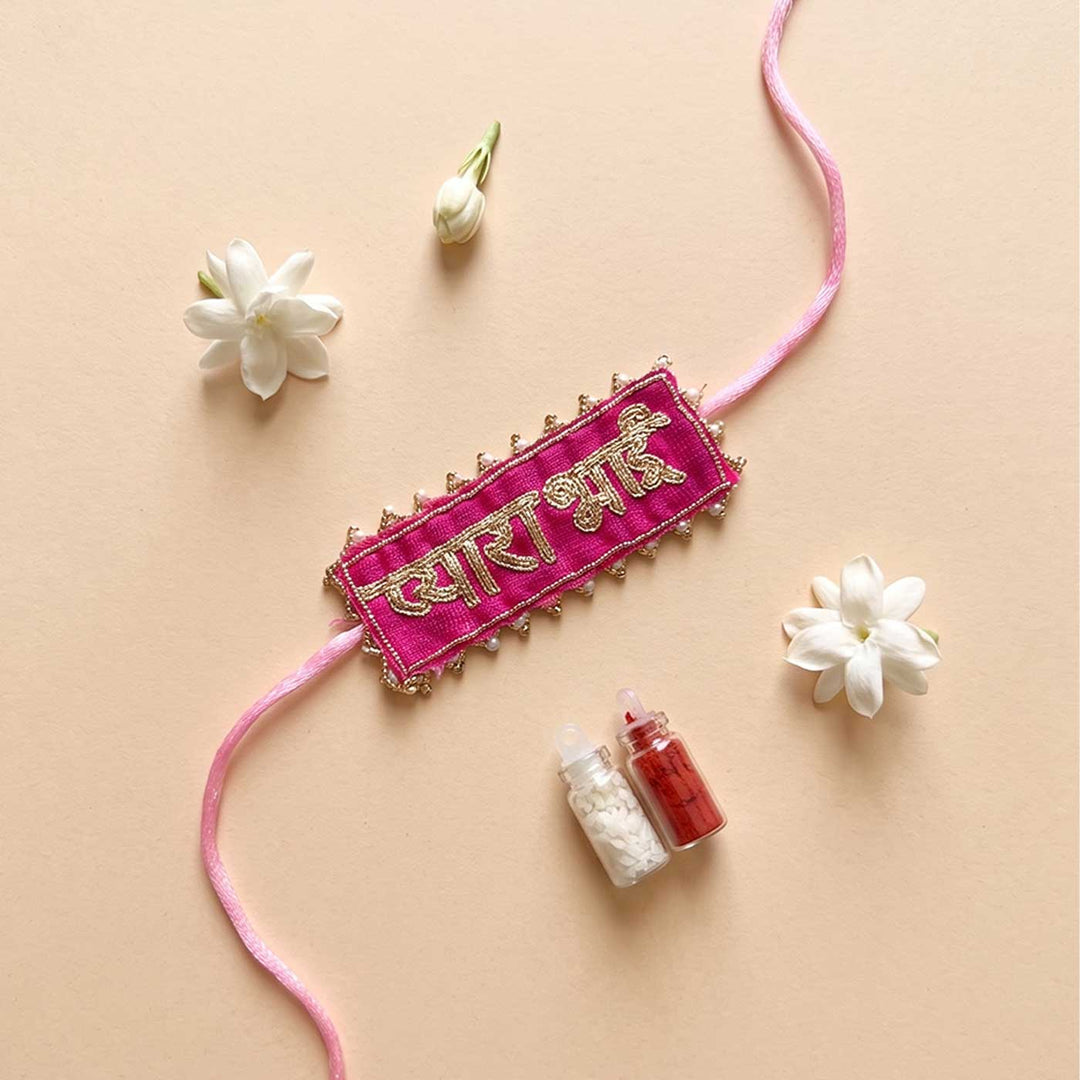 Handcrafted Gota Patti "Pyara Bhai" Rakhi With Roli Chawal for Brother