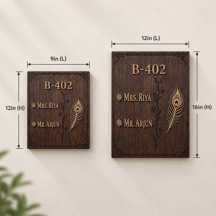 Vine And Peacock Feather Personalized Handcrafted Wooden Name Plate With Laser Cut Golden Metallic Lettering For Home