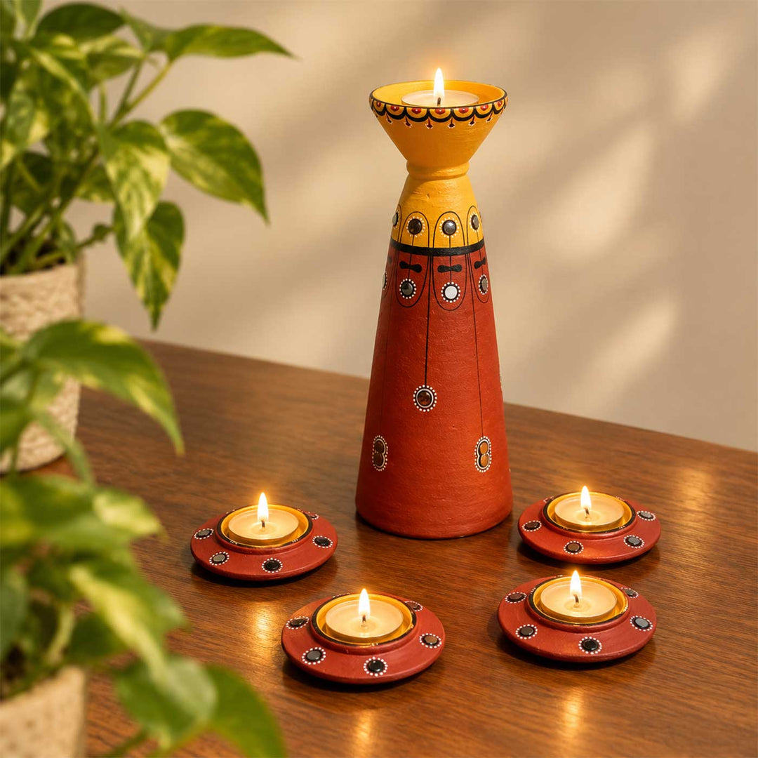Set of 5 | Natural Finish Hand-Painted Terracotta Disc & Long Diya Tealight Holders For Festive Decor