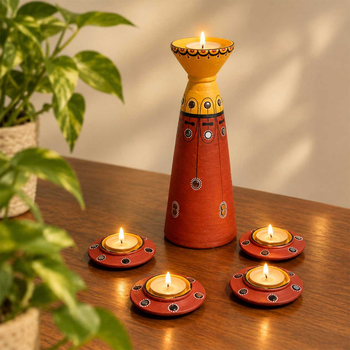 Set of 5 | Natural Finish Hand-Painted Terracotta Disc & Long Diya Tealight Holders For Festive Decor