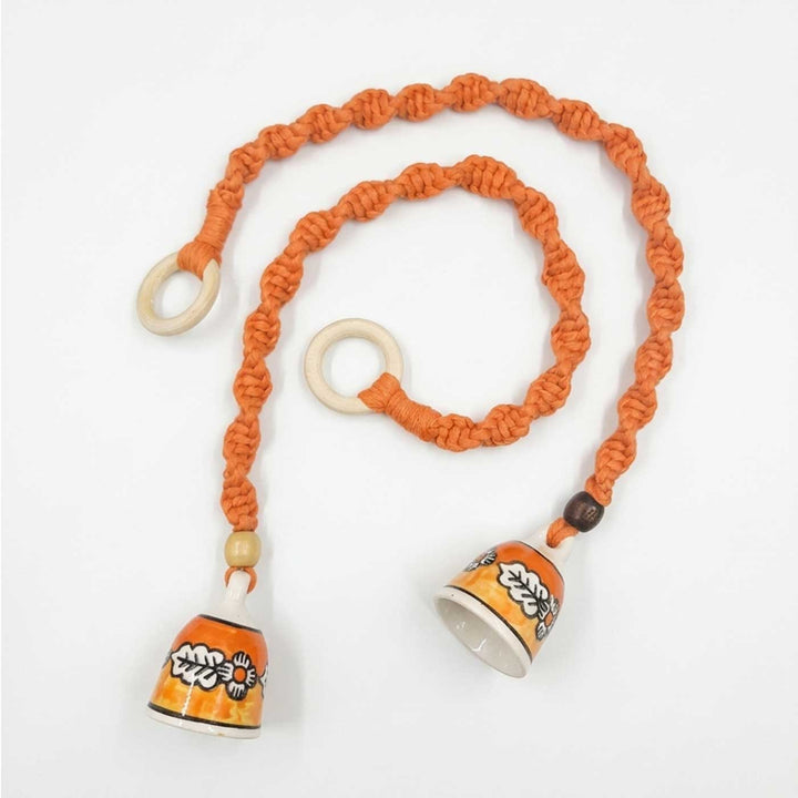 2 Pc | Macrame Handpainted Ceramic Bells Hanging With Wooden Rings & Beads