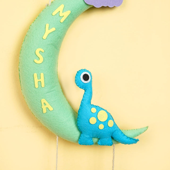 Handmade Dino on the Moon Kids Felt Name Hanging