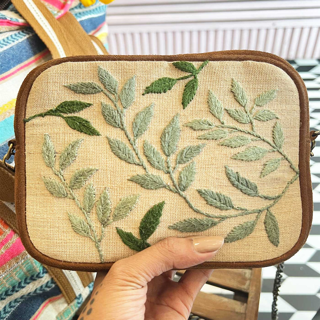 Personalized Embroidered Leafy Vegan Suede Sling Bag