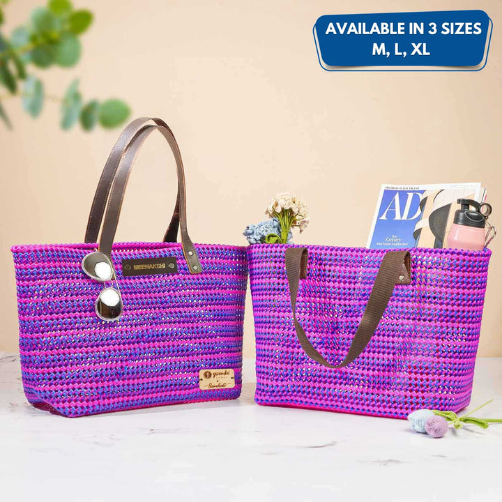 Purple and Pink Striped Mukhya Knot Handmade Koodai Beach Bag