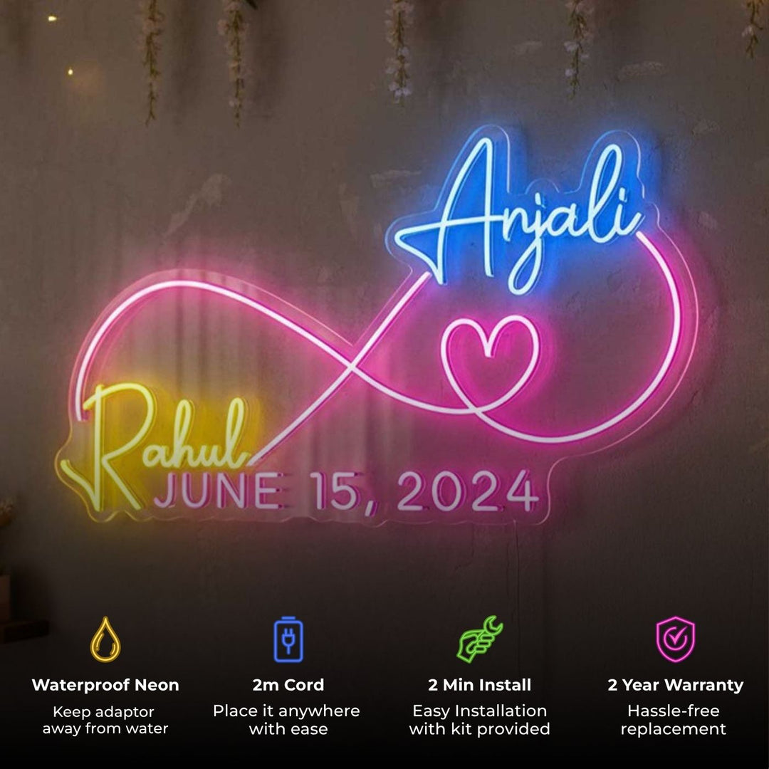 Personalized Infinity Couple Neon Light Sign Board with Names and Date Decor