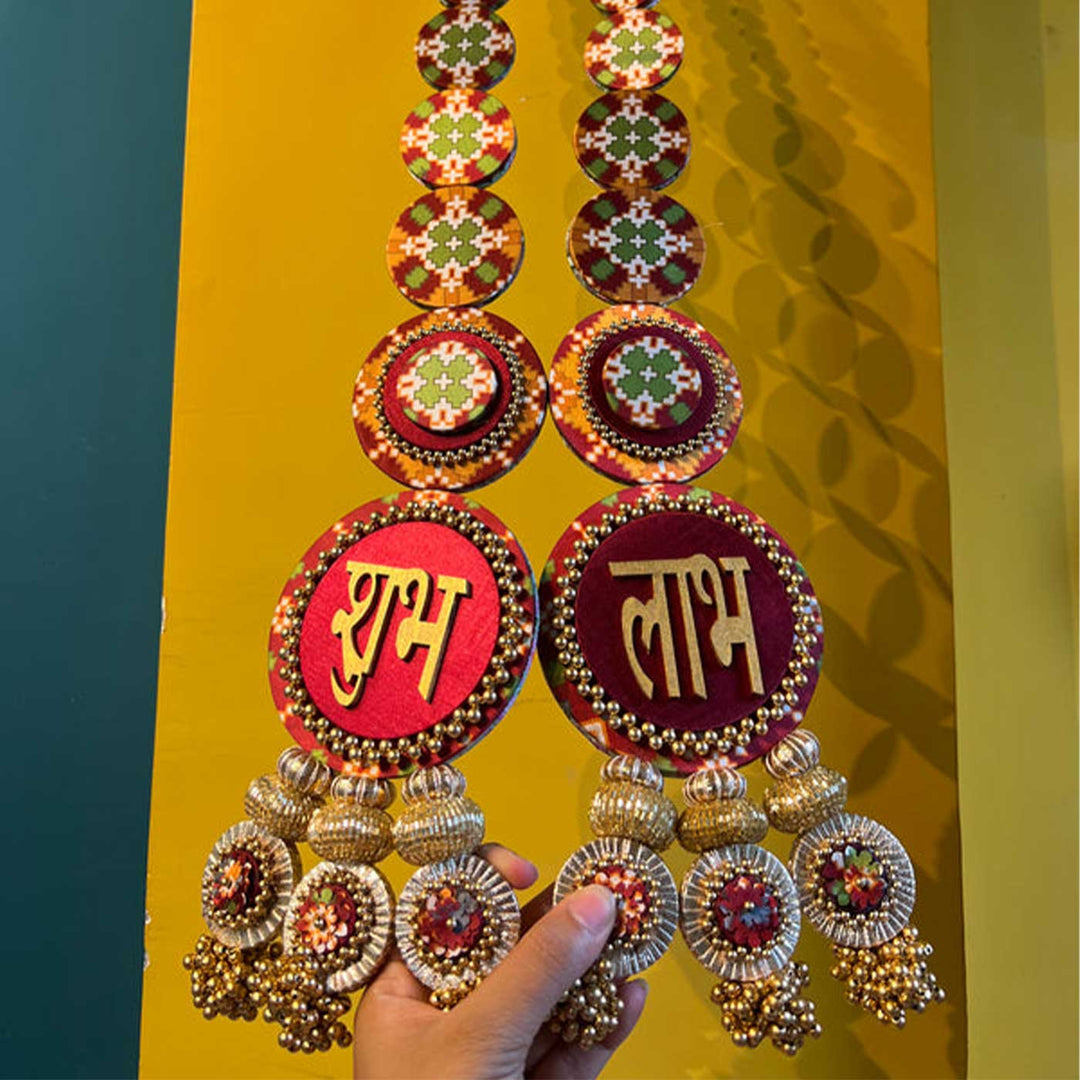 Handmade Shubh Labh Navratna Patola And Pastel Pistachio Reversible Hanging | Set Of 2