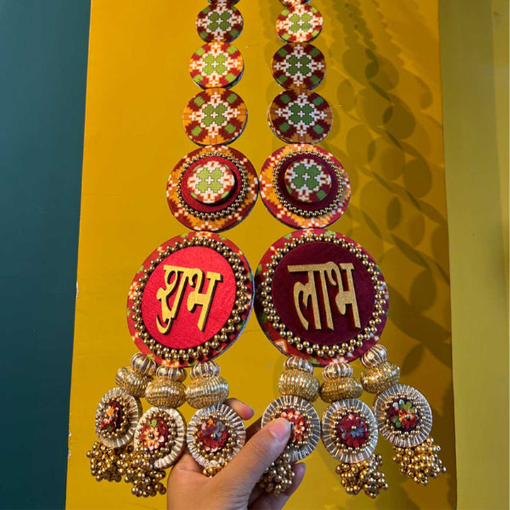 Handmade Shubh Labh Navratna Patola And Pastel Pistachio Reversible Hanging | Set Of 2