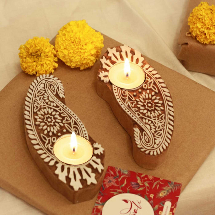 Set of 12 | Handmade Engraved Wooden Tealight Holder