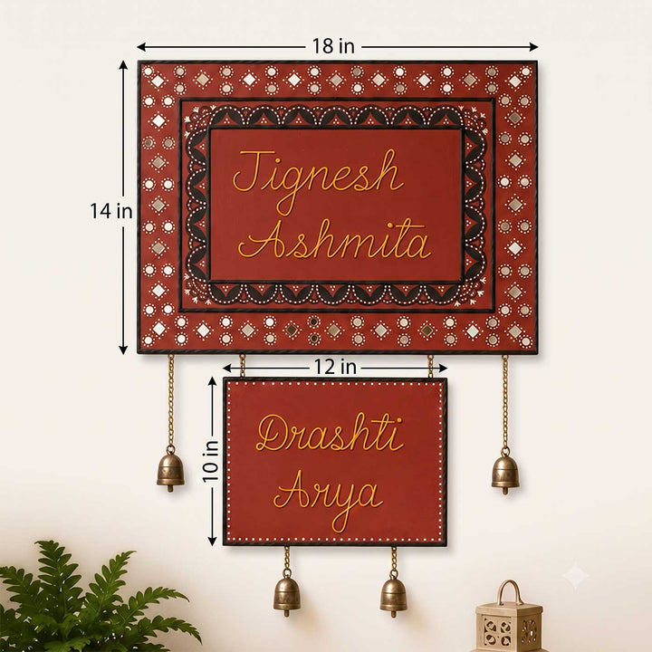 Personalized Handcrafted Lippan Art Hanging Bells MDF Name Plate For Home