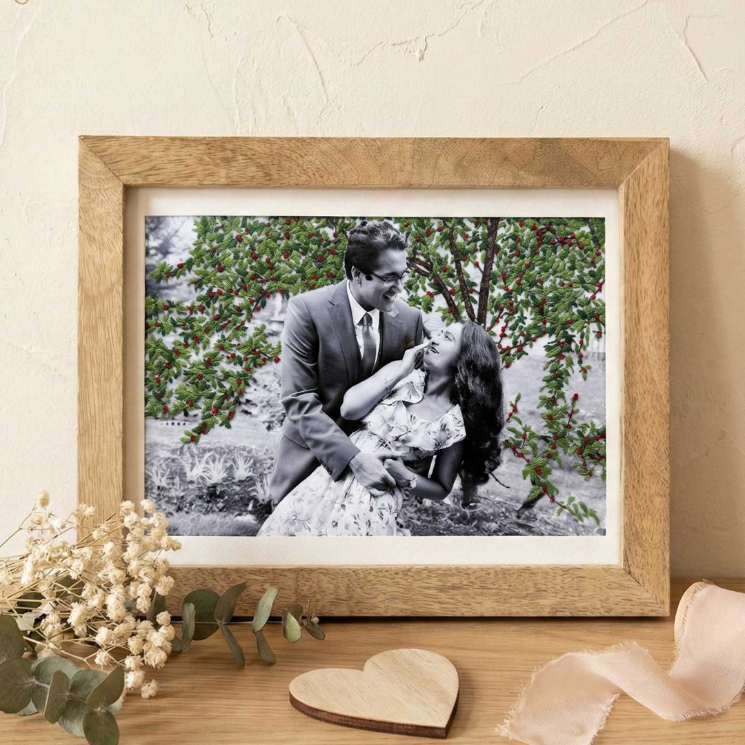Tree Background Design Hand Embroidered Photo With Wooden Frame
