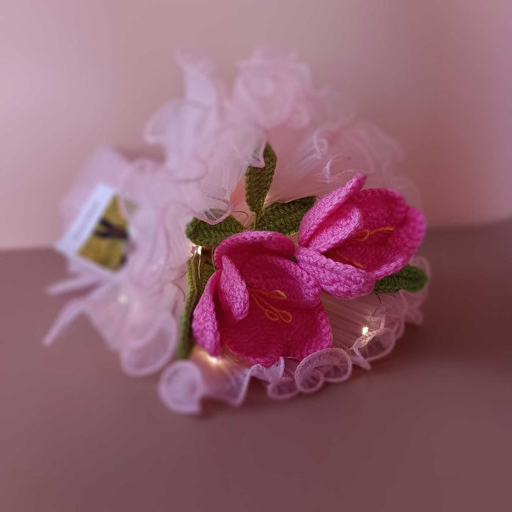 Handmade Crochet Pretty In Pink Flower Bouquet With Lights | Includes Photo & Greeting Card