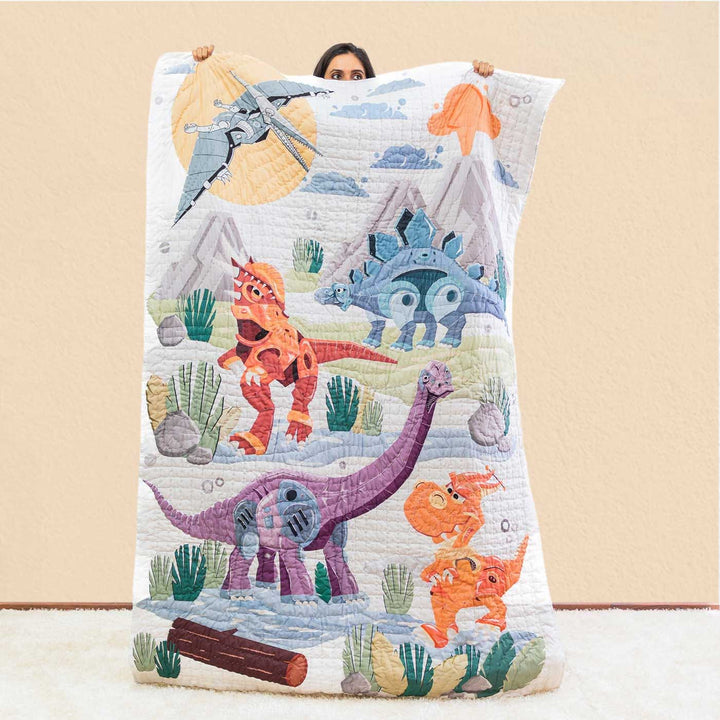 Personalized Dino Goes To School Theme Cotton Quilt For Kids
