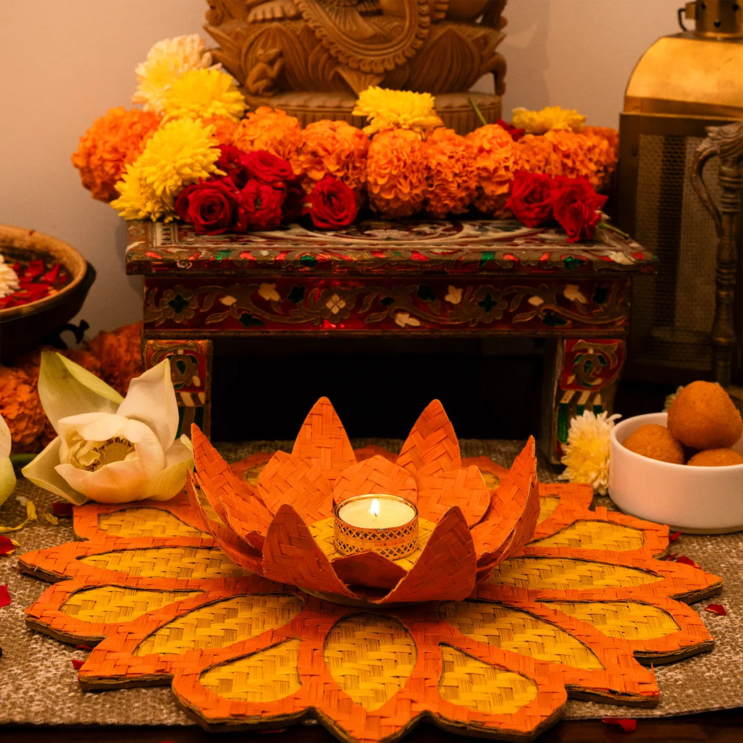 Rangoli Lotus Eco-Friendly Handmade Woven Bamboo Tealight Holder