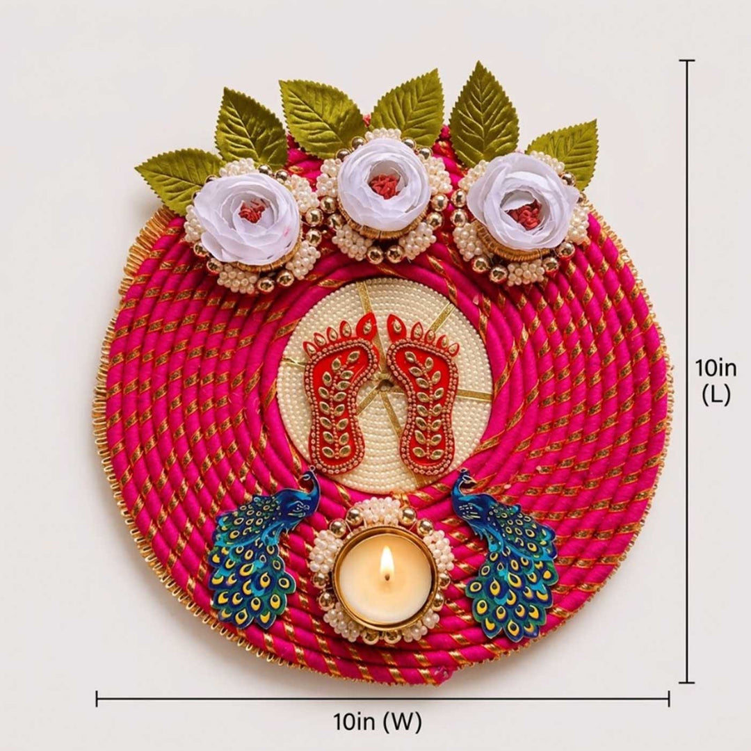 Handmade Laxmi Charan Reusable Peacock & Peony Flower MDF Rangoli With Tealight For Festive Decor