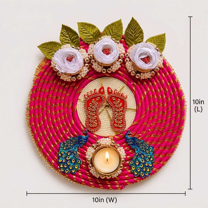 Handmade Laxmi Charan Reusable Peacock & Peony Flower MDF Rangoli With Tealight For Festive Decor