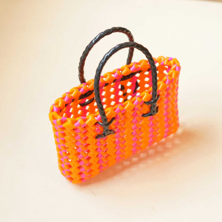 Handwoven Orange & Pink Small Plastic Wire Koodai Bag For Festive Return Gifts