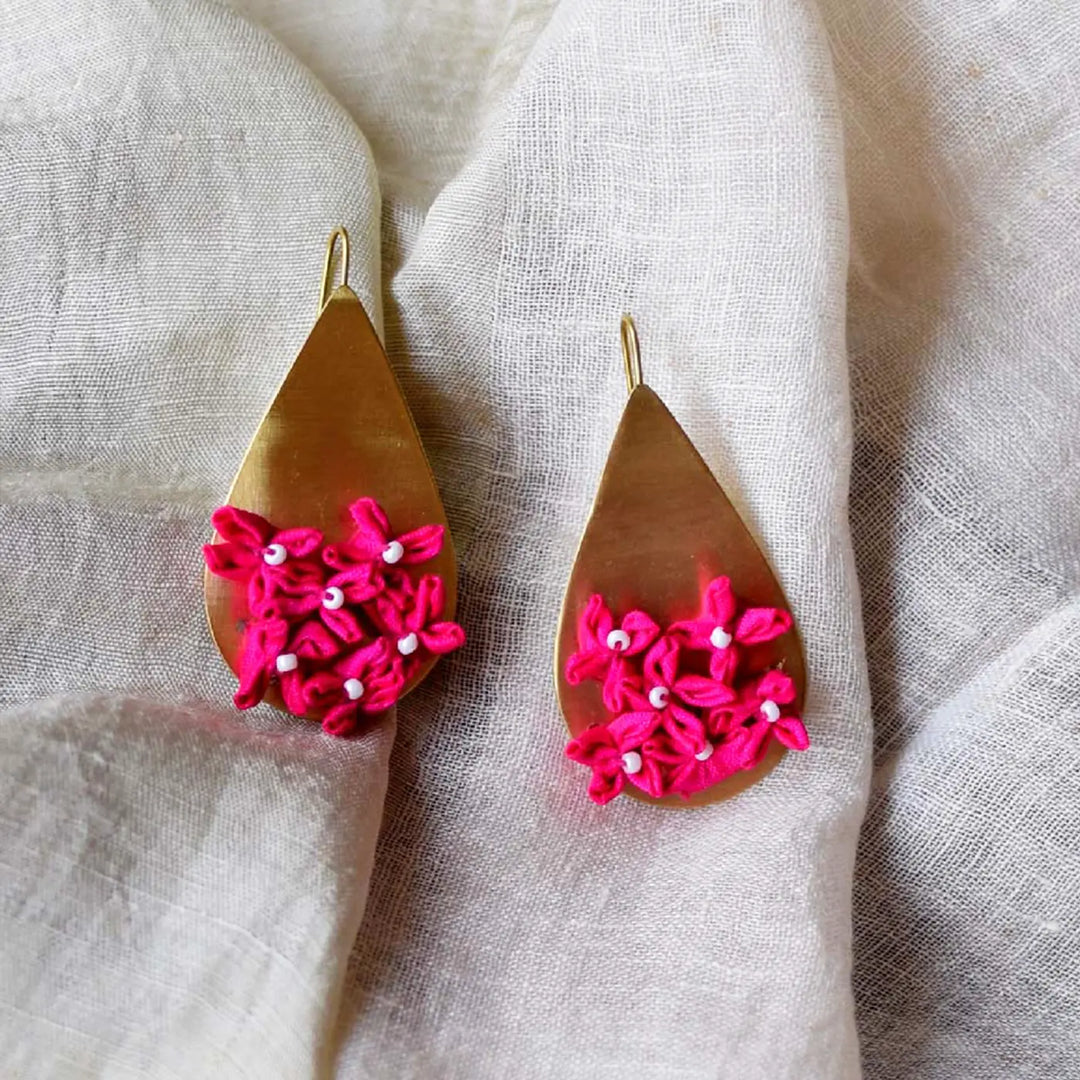 Handmade Textile Art Floral Drop Shaped Dupion Silk Fabric Earrings