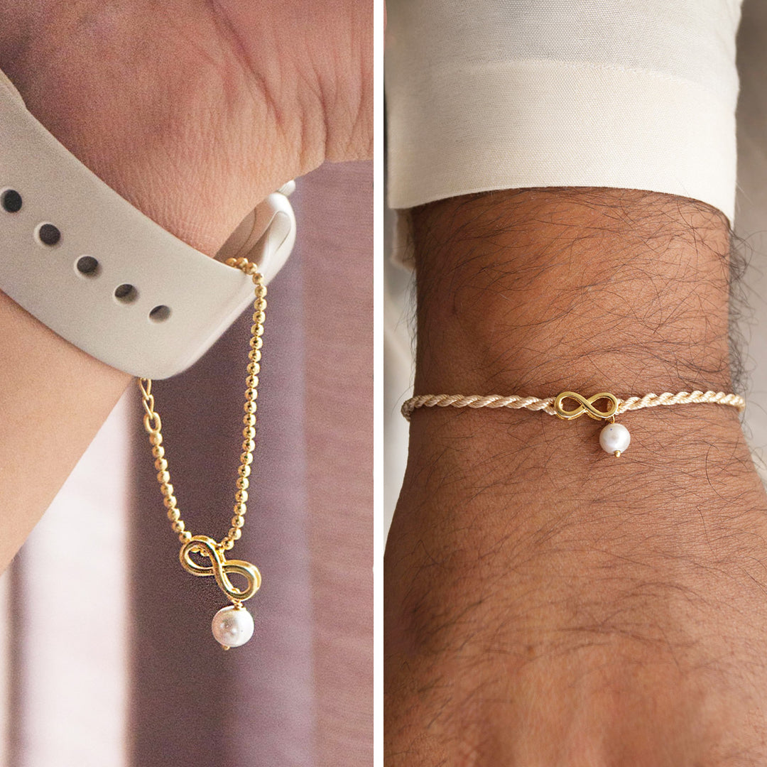 Infinity Love With Pearl Gold Plated Sterling Silver Rakhi & Lumba Set With Roli Chawal For Bhaiya Bhabhi | Set of 2