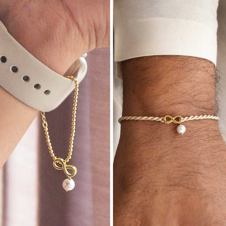 Infinity Love With Pearl Gold Plated Sterling Silver Rakhi & Lumba Set With Roli Chawal For Bhaiya Bhabhi | Set of 2