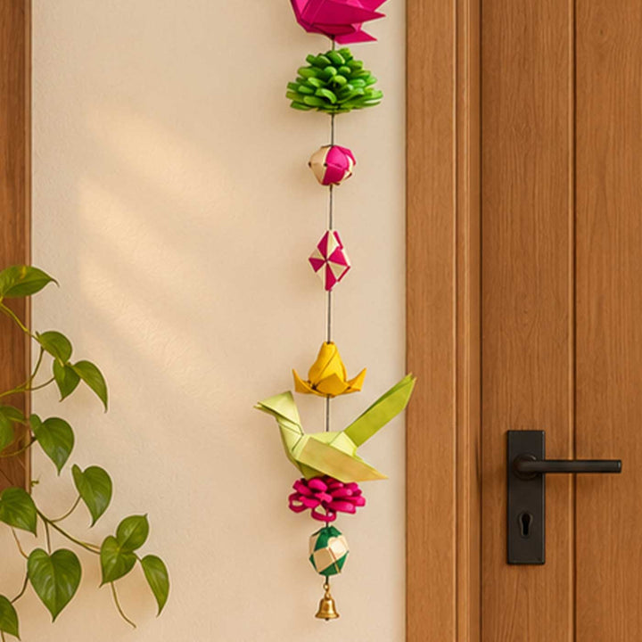 2 Pc | Handcrafted Palm Leaf Lotus & Parrot String Hanging With Bells