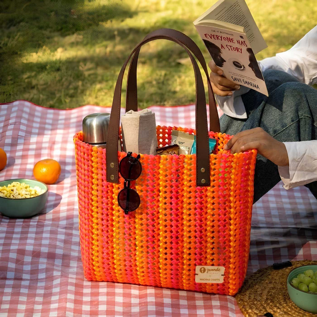 Red And Orange Stripes Handmade Wire Koodai Tote Bag