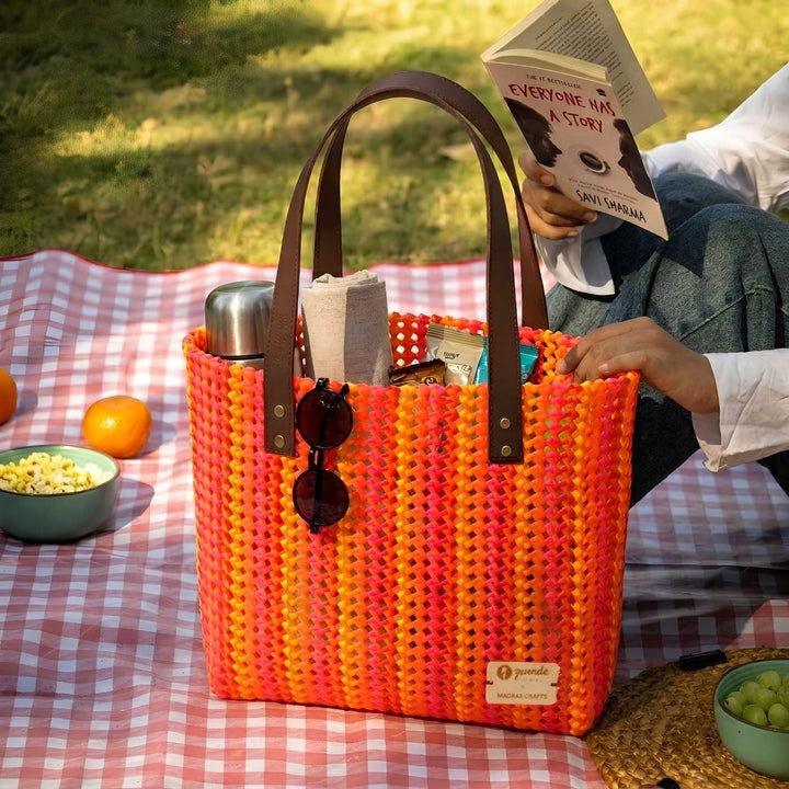 Red And Orange Stripes Handmade Wire Koodai Tote Bag