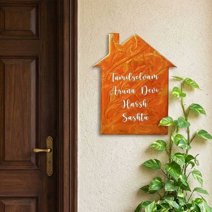 Orange & Gold Minimal Personalized Marble Effect House Shape Resin Name Plate | With 3D Acrylic Letters