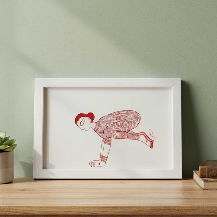 6 x 9 Inch | Bakasan Yoga Pose | Minimalist Black & White Mudhubani Style Line Drawing With Frame