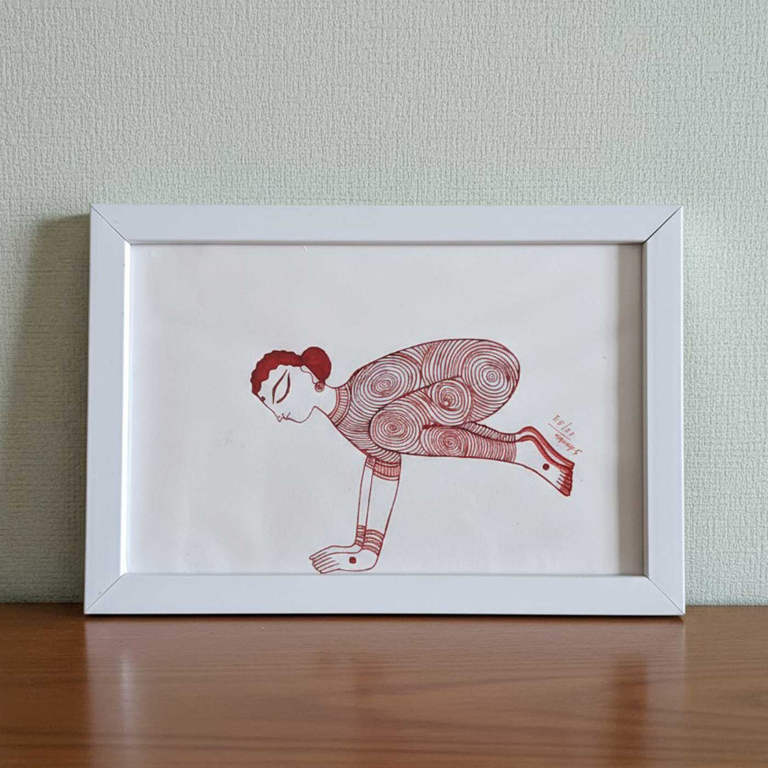 6 x 9 Inch | Bakasan Yoga Pose | Minimalist Black & White Mudhubani Style Line Drawing With Frame
