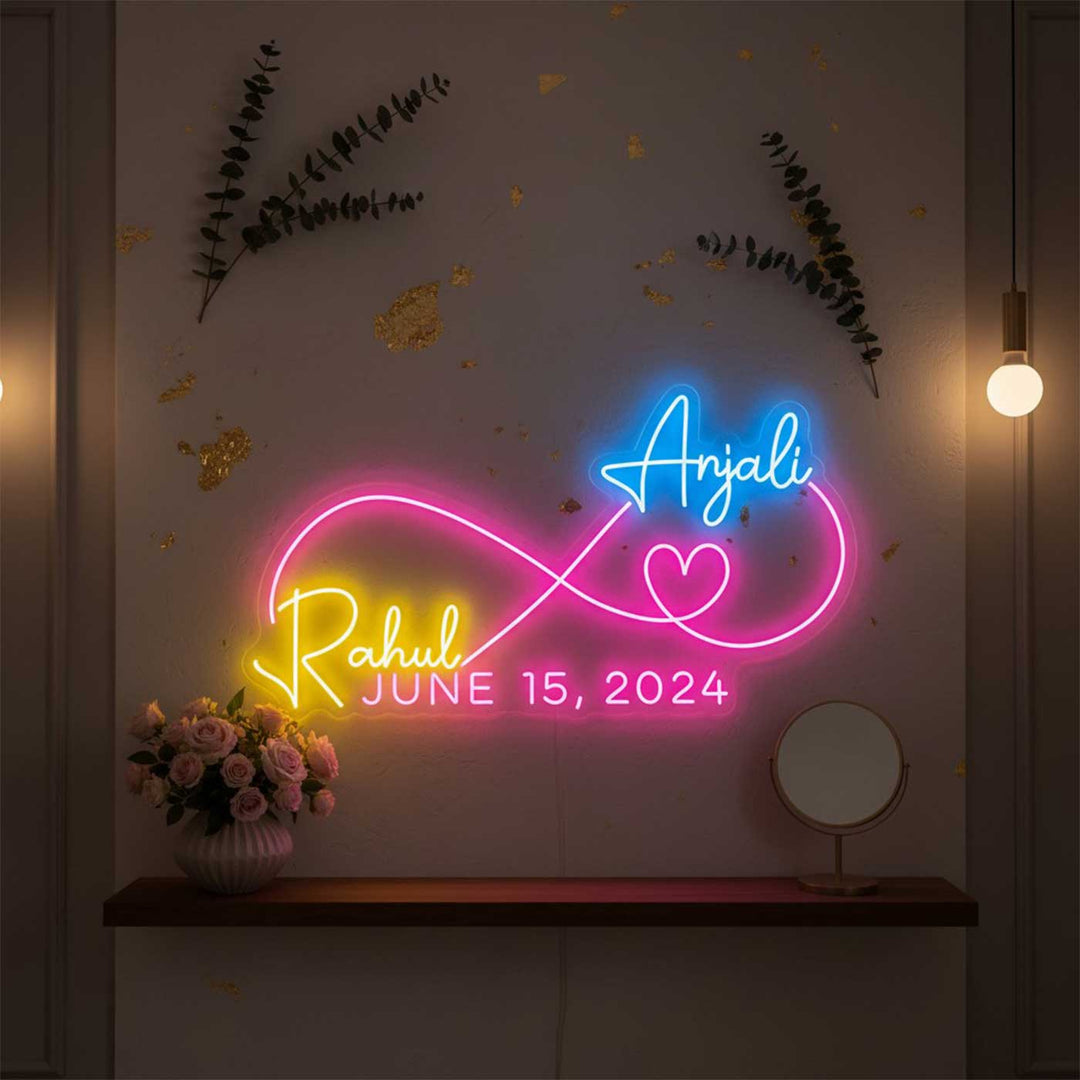 Personalized Infinity Couple Neon Light Sign Board with Names and Date Decor