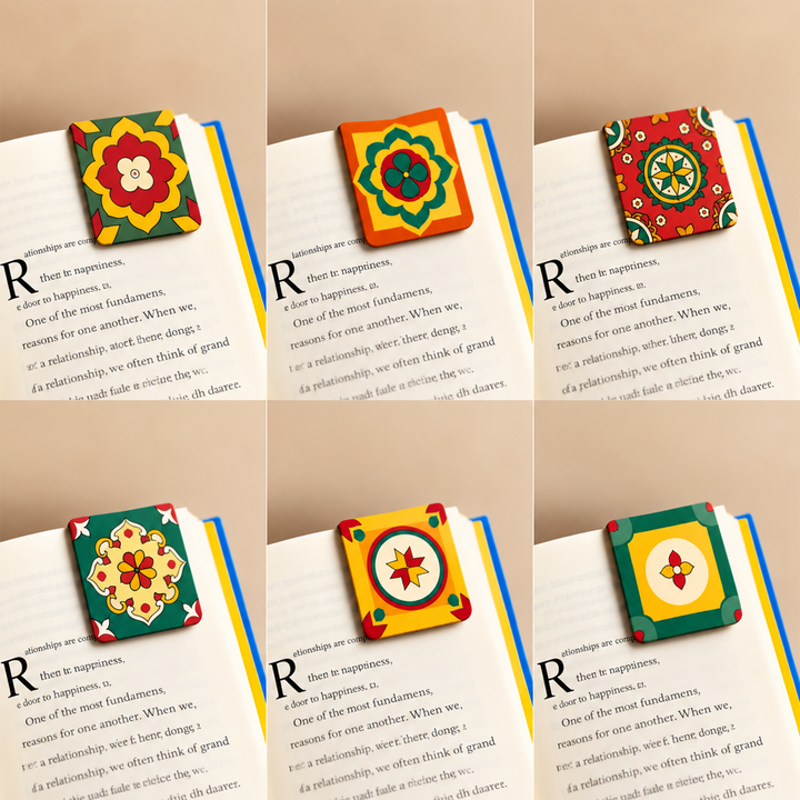Set Of 6 | Hand-Painted Aathangudi Tiles Festive Themed Magnetic Bookmarks