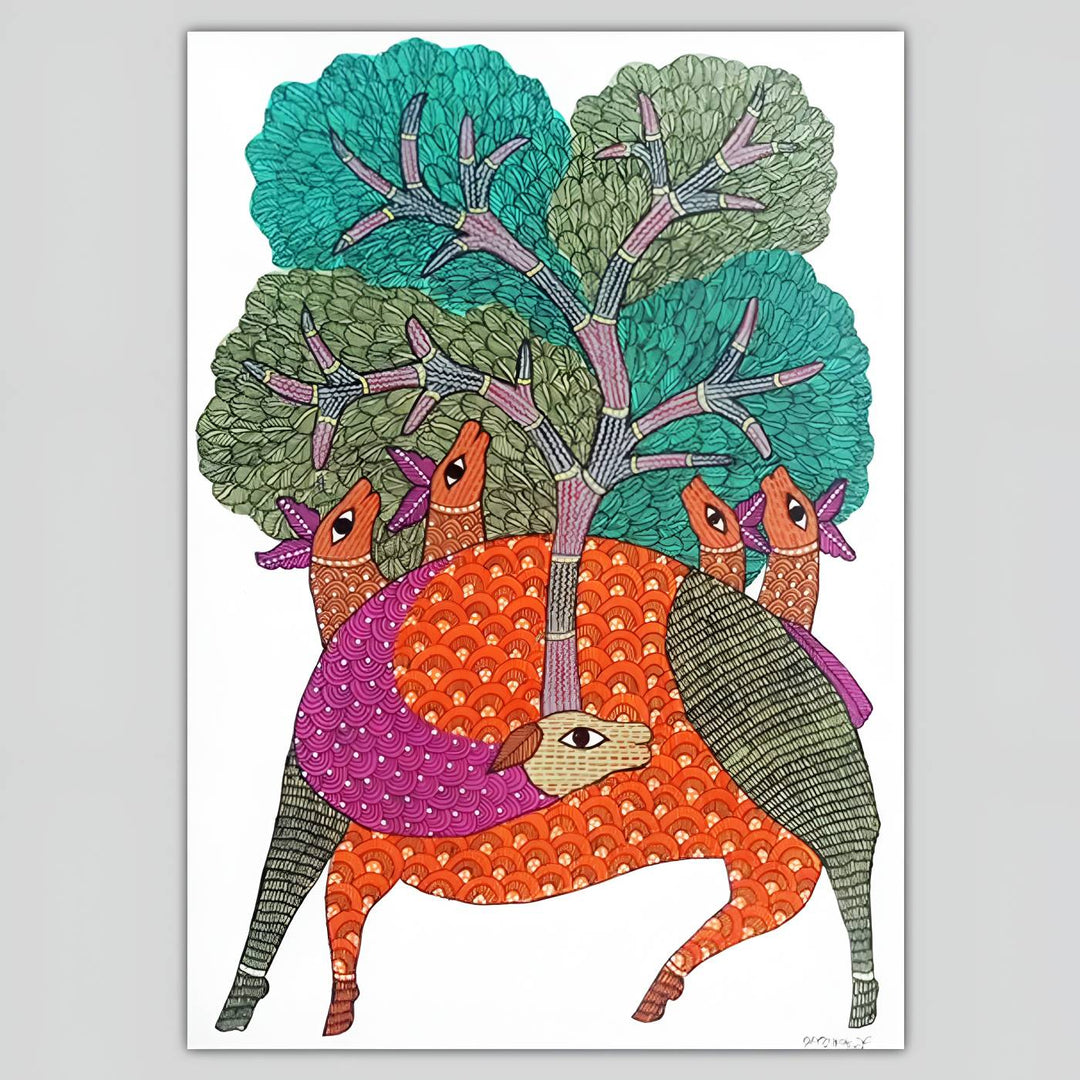 11 x 16 Inch | Deer & Tree of Life | Original Hand Painted Tribal Gond Art Painting | Acrylic Paint On Paper