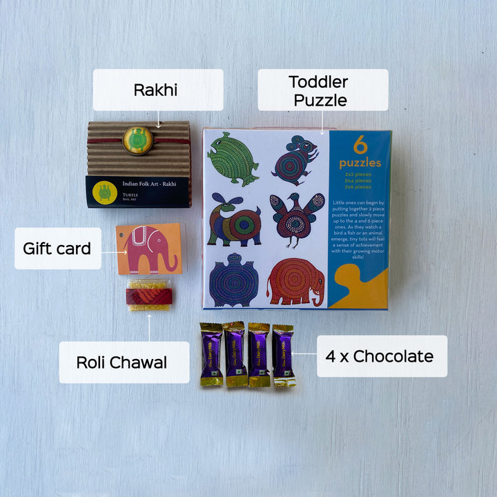Handcrafted Folk Art Rakhi Hamper For Toddlers With Rice, Roli, Haldi