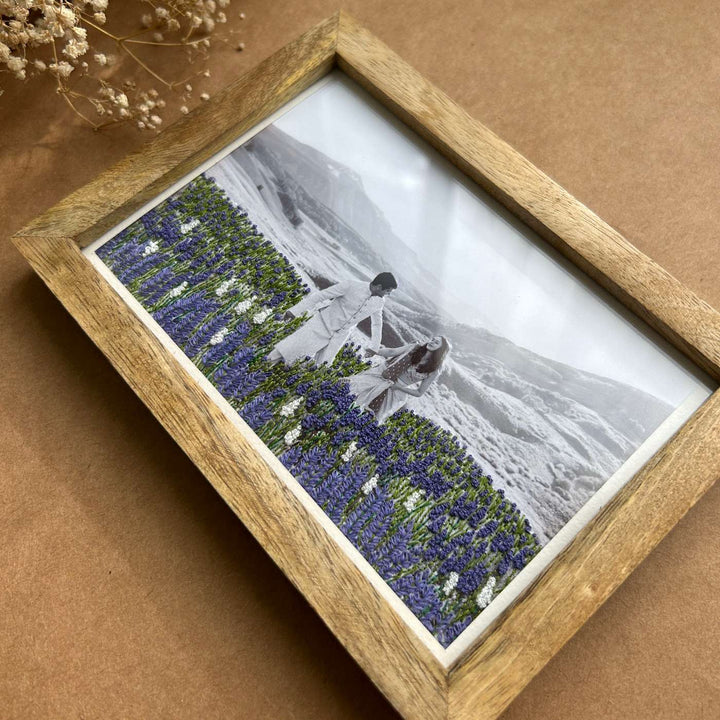 Flower Garden Design Hand Embroidered Photo With Wooden Frame
