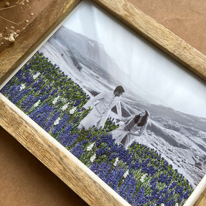 Flower Garden Design Hand Embroidered Photo With Wooden Frame