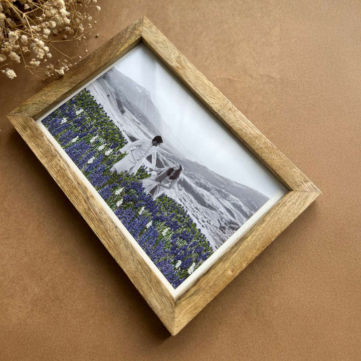 Flower Garden Design Hand Embroidered Photo With Wooden Frame