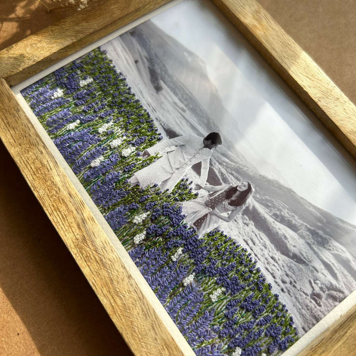 Flower Garden Design Hand Embroidered Photo With Wooden Frame