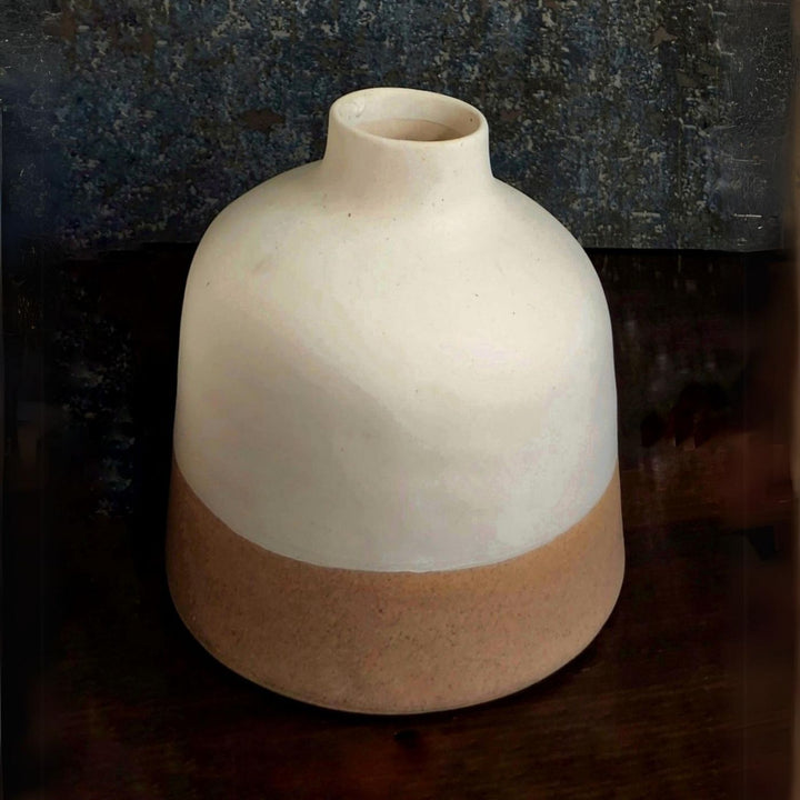 Handmade White & Tan Ceramic Short Ceramic Vase