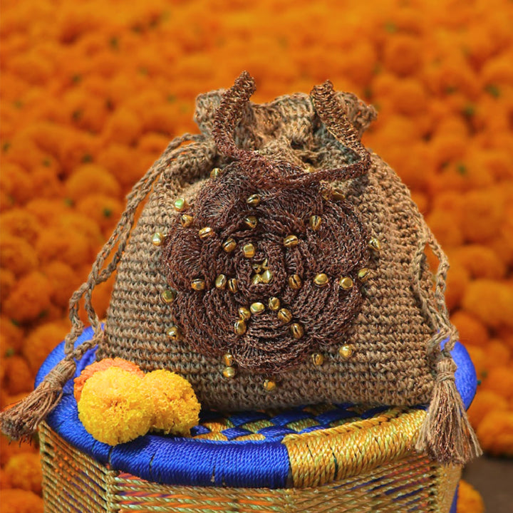 Handmade Crochet Rustic Bloom Ghungroo Potli