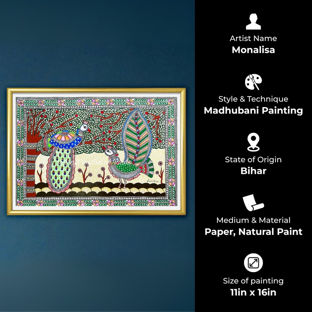 11 x 16 Inch | Peacock Under The Tree | Original Hand Painted Madhubani Painting On Paper