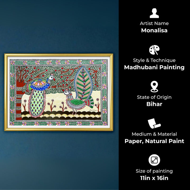 11 x 16 Inch | Peacock Under The Tree | Original Hand Painted Madhubani Painting On Paper