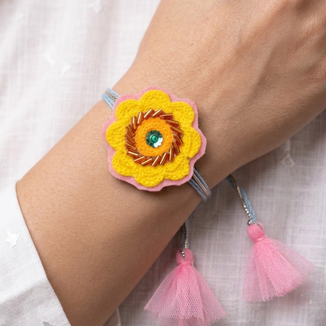 Hand Embroidered Yellow Flower Design Felt Rakhi For Brother