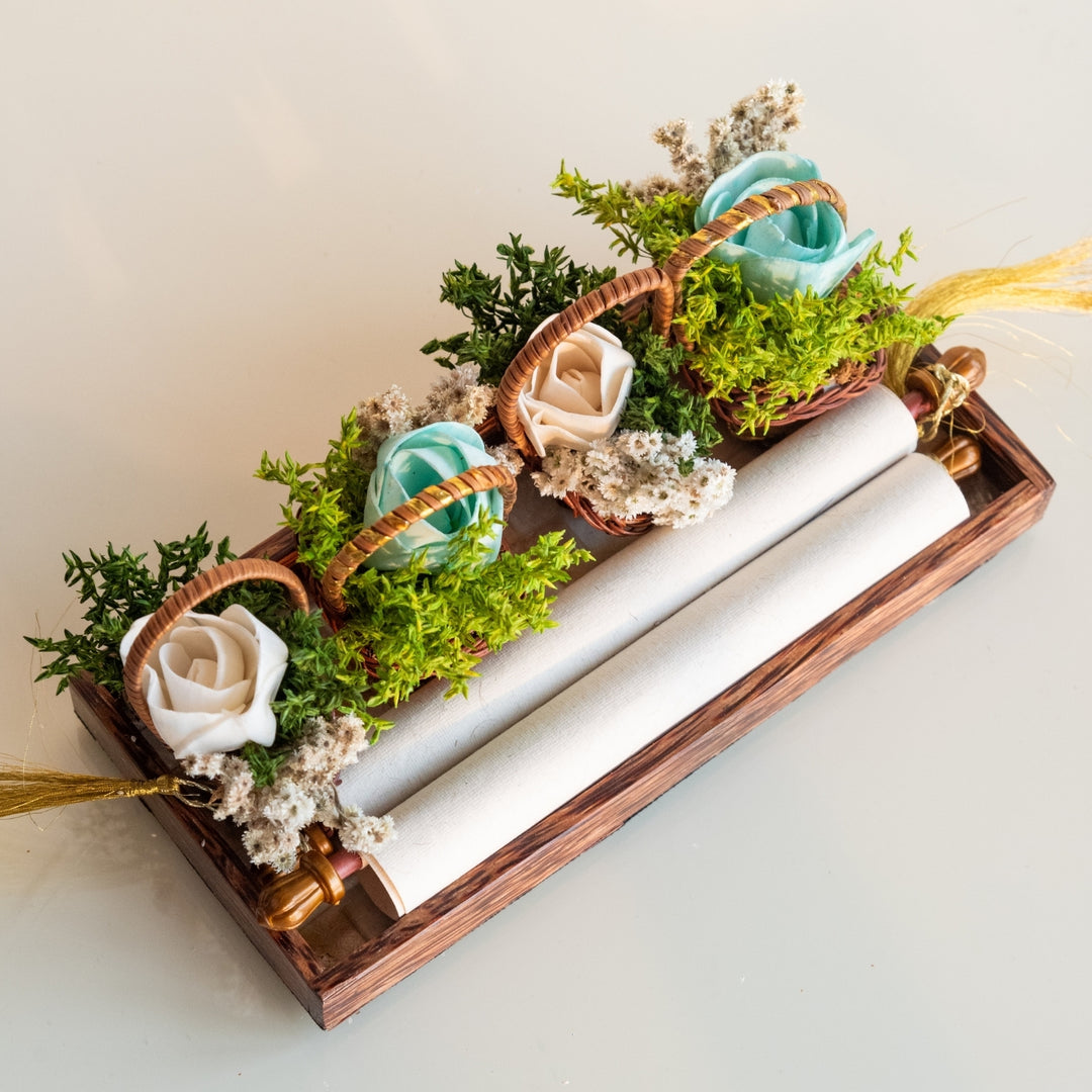 Handmade Mini Blue And White Dried Flower Bouquet In Willow Basket | Set Of 6