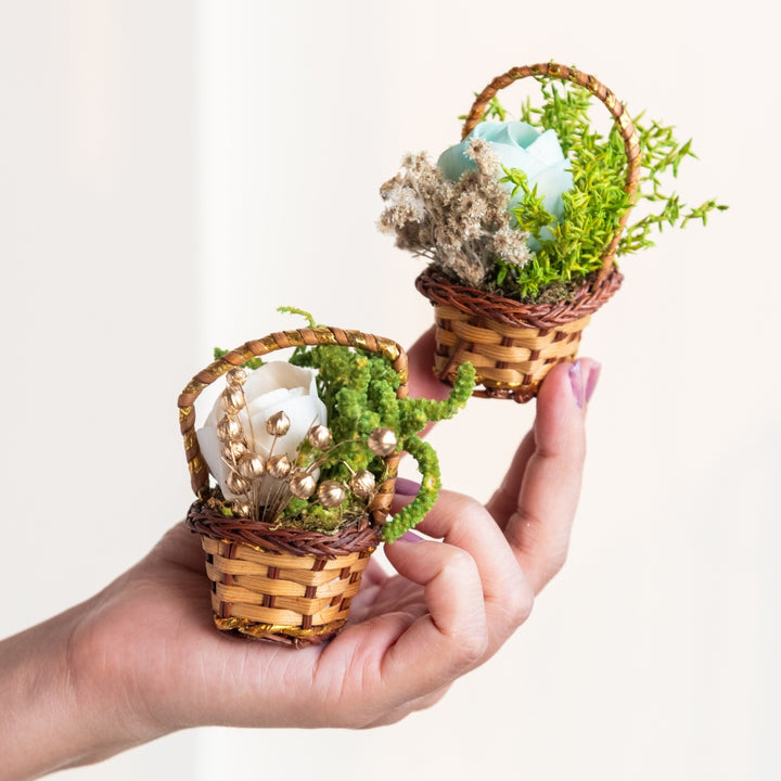 Handmade Mini Blue And White Dried Flower Bouquet In Willow Basket | Set Of 6