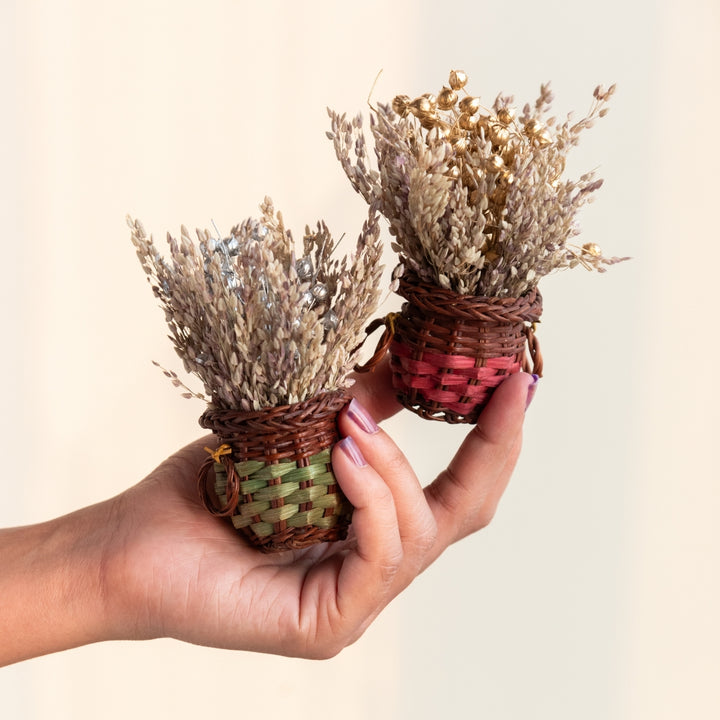 Handmade Mini Gold And Silver Dried Flower Bouquet In Willow Basket | Set Of 6