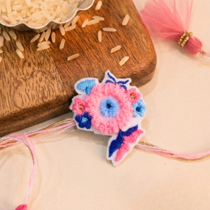 Handmade Thread Embroidered "Evil Eye Flower Butterfly" Reusable Rakhi Magnet For Brother