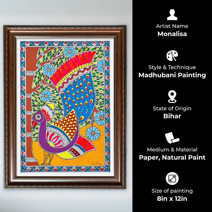 8 x 12 Inch | Peacock in Bloom | Original Hand Painted Madhubani Painting On Paper
