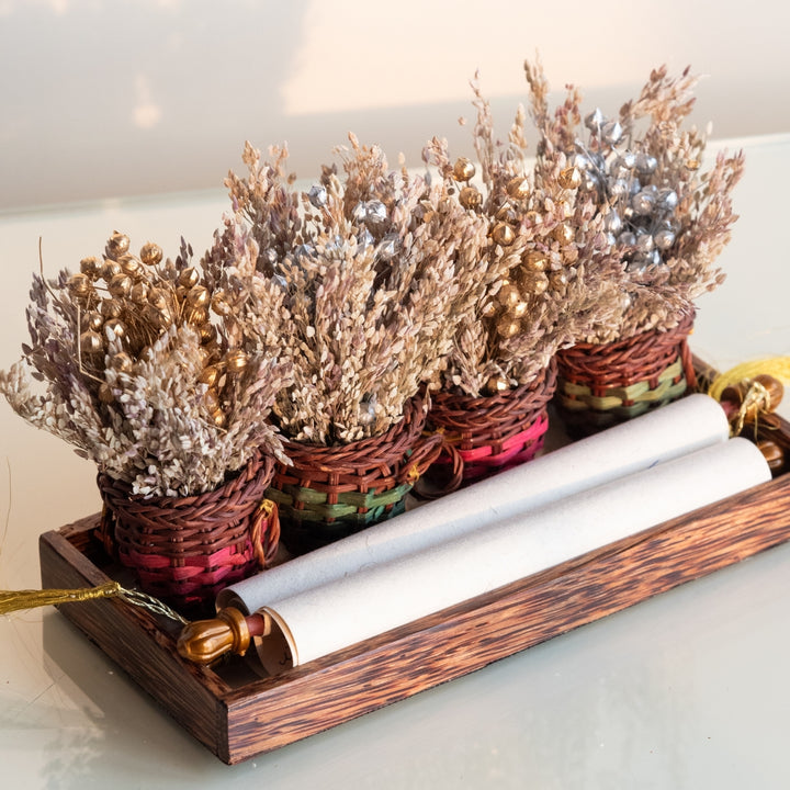 Handmade Mini Gold And Silver Dried Flower Bouquet In Willow Basket | Set Of 6