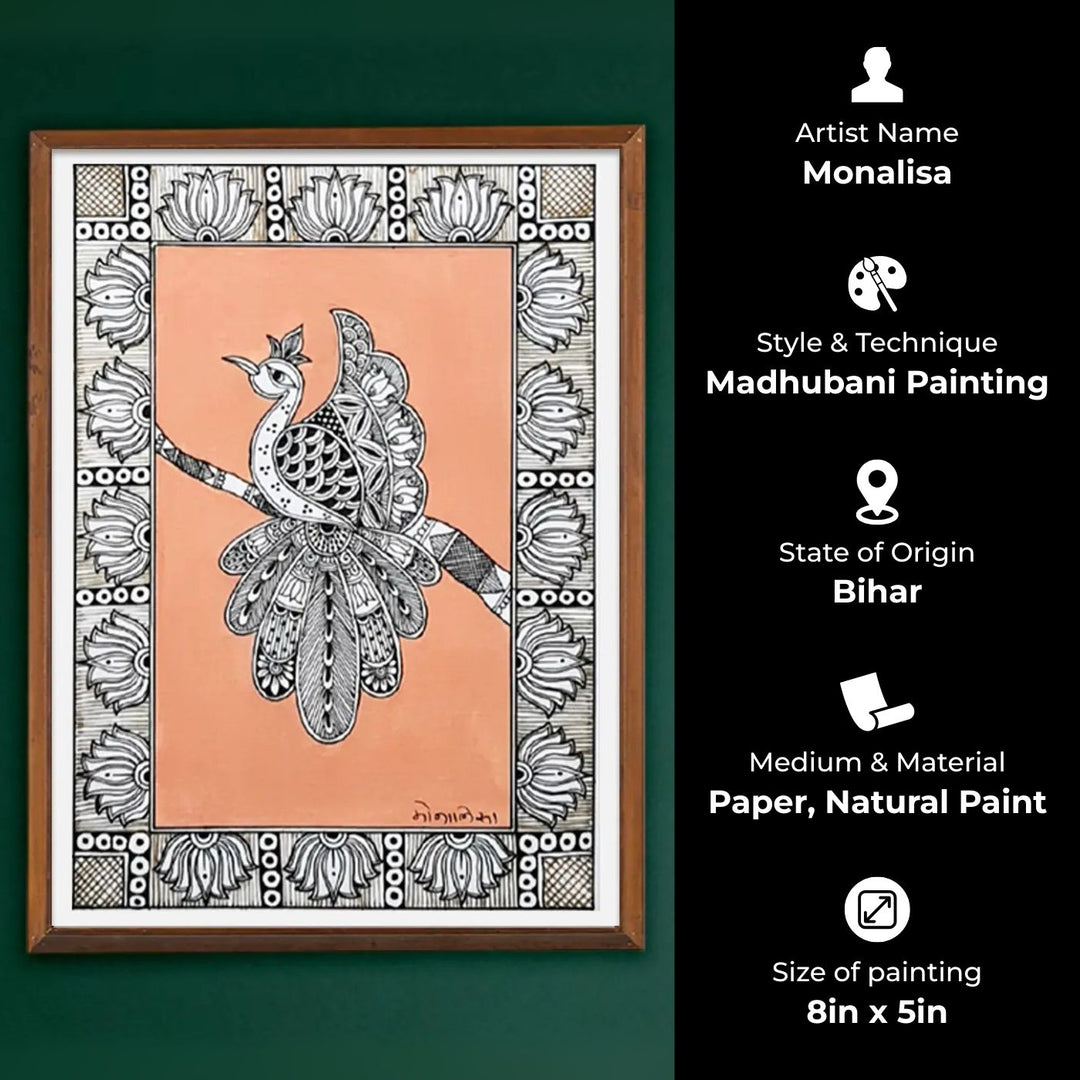 8 x 5 Inch | Peacock In Four Frames | Original Hand Painted Madhubani Painting On Paper